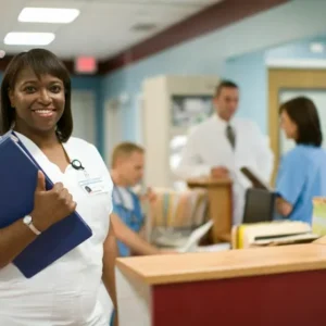 a doctor holding a file is smiling while other people are blurred in the background